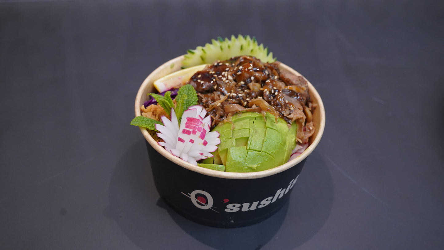 Poke bowl effiloché de bœuf mariné